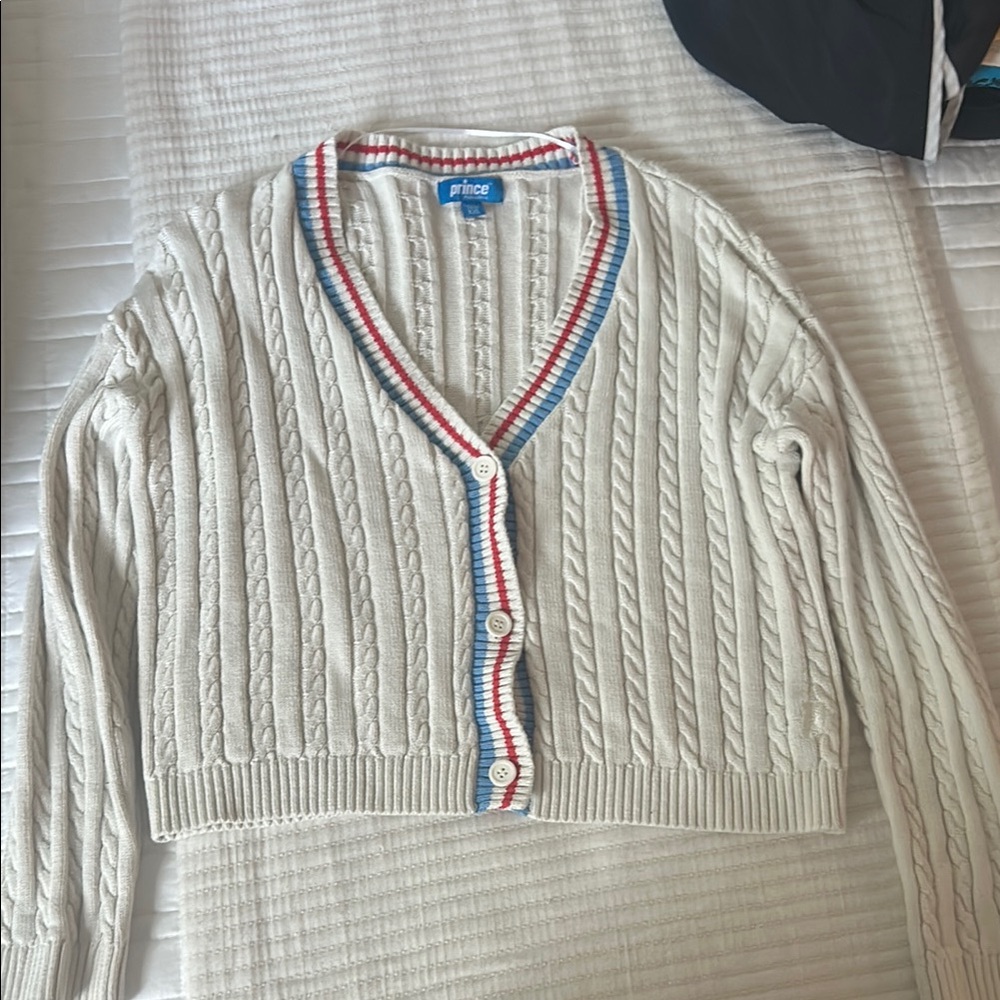 Prince Pickleball Cream and Red Varsity Cardigan Sweater